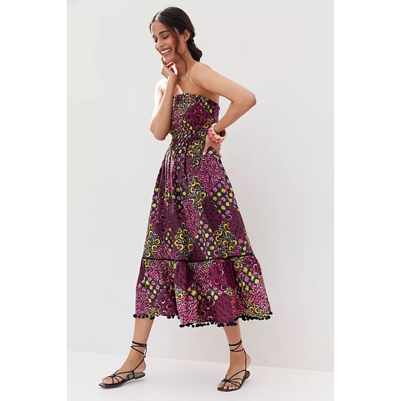 NWT RARE ANTHROPOLOGIE ABSTRACT SMOCKED POMMED MIDI DRESS - Picture 2 of 7